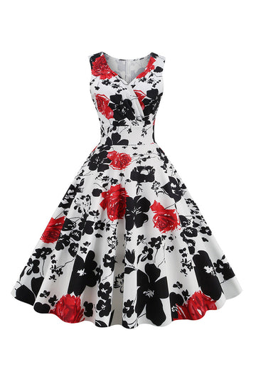 Blomstertrykt hvid ærmeløs vintage kjole